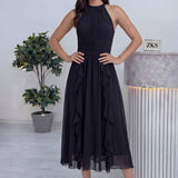 Siyah Halter Yaka Eteği Fırfırlı Midi Boy Şifon Elbise