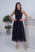 Siyah Halter Yaka Eteği Fırfırlı Midi Boy Şifon Elbise