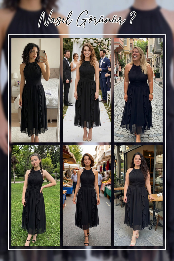 Siyah halter yaka eteği fırfırlı midi boy şifon elbise denemeleri