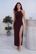Kahverengi Halter Yaka Yırtmaçlı Midi Boy Elbise