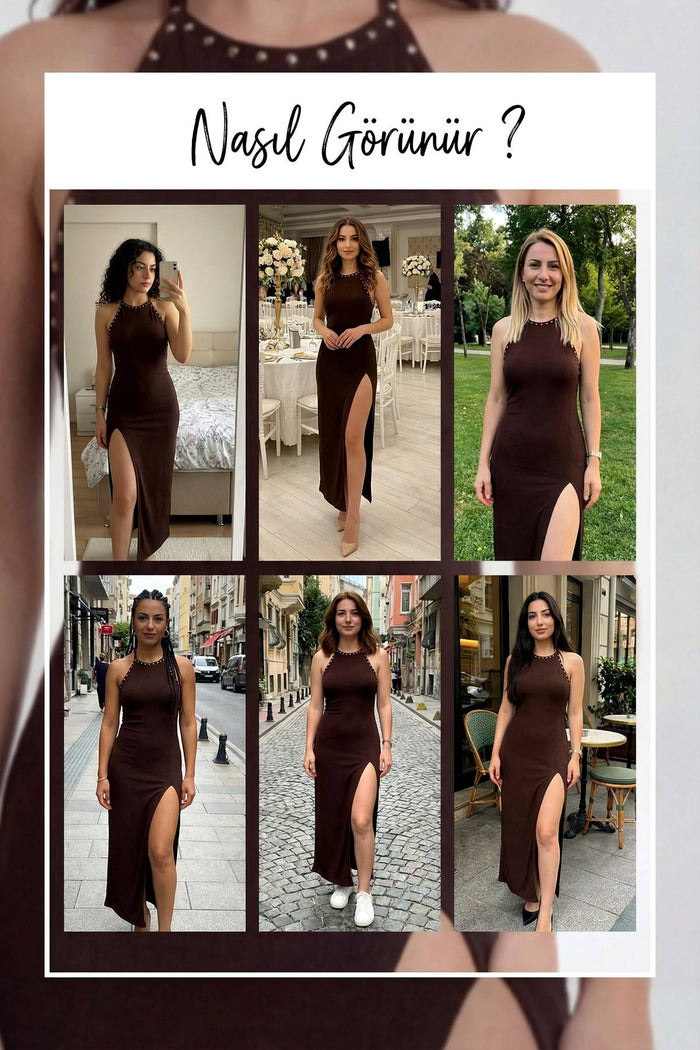 Kahverengi derin yırtmaçlı halter yaka midi elbise denemeleri