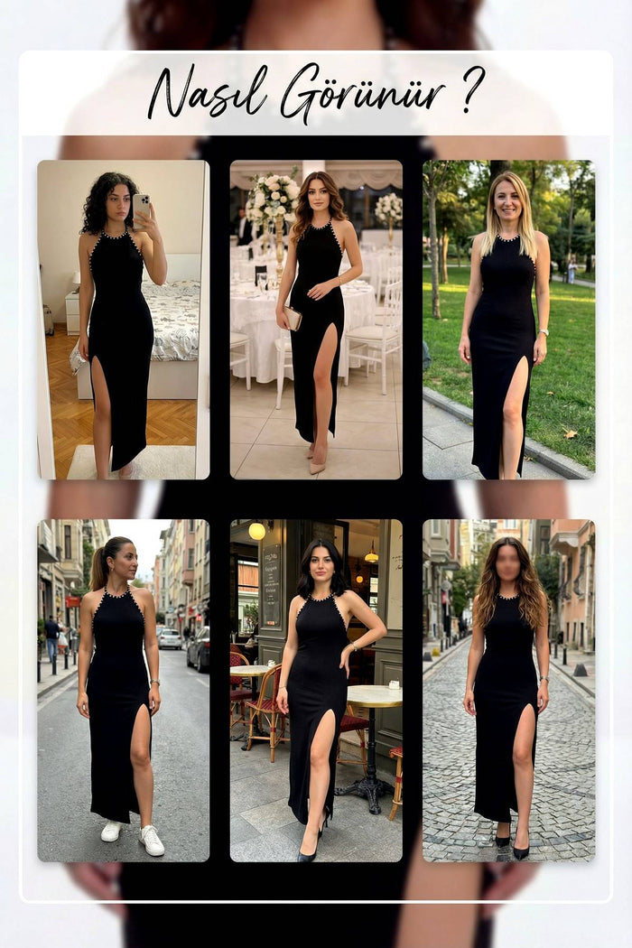 Siyah halter yaka yırtmaçlı midi elbise denemeleri