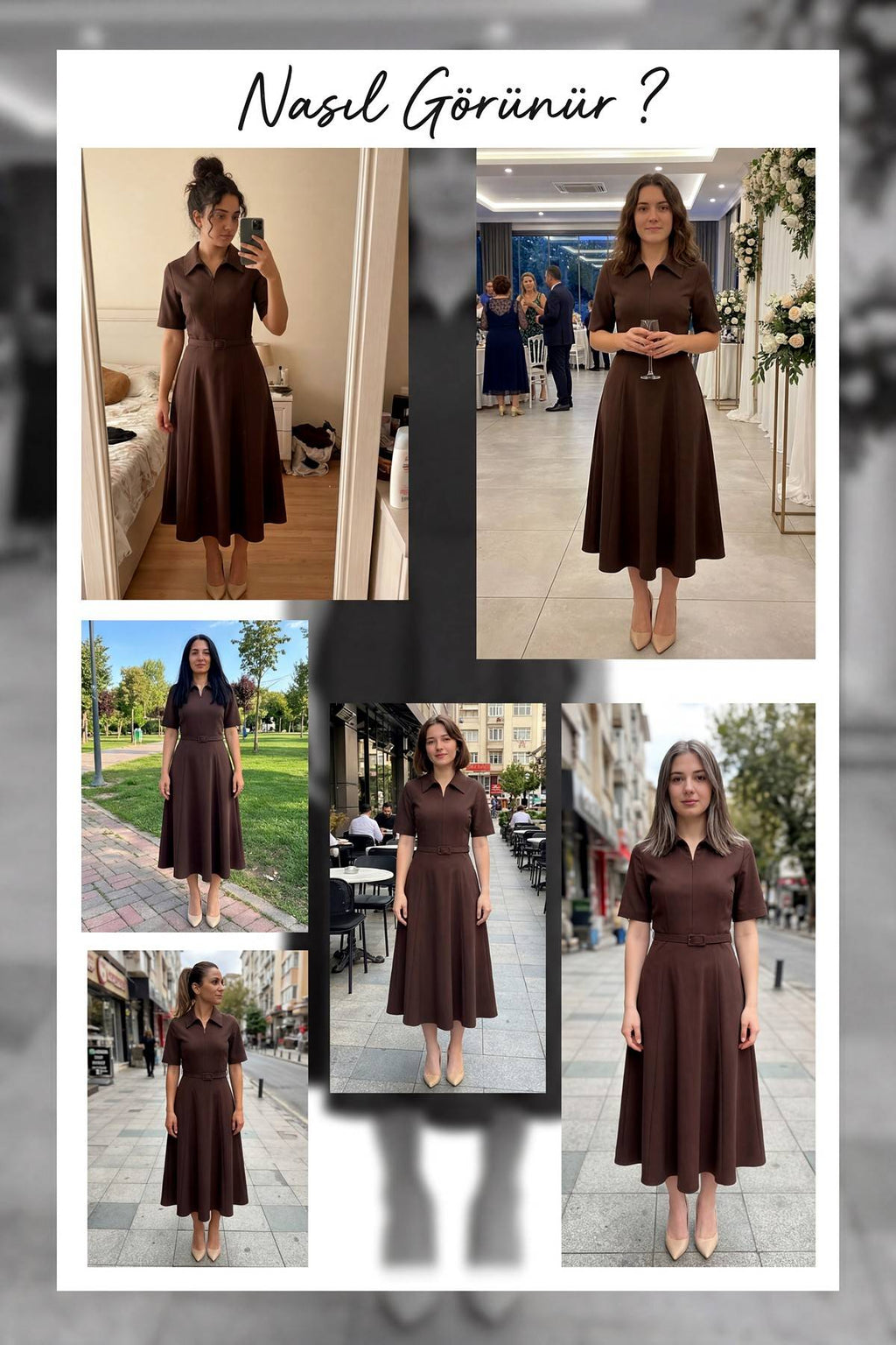 Kahverengi midi boy kadın gömlek yaka fermuarlı elbise denemeleri 