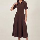 Kahverengi Fermuarlı Gömlek Yaka Midi Elbise – Kemerli Cepli