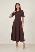 Kahverengi Fermuarlı Gömlek Yaka Midi Elbise – Kemerli Cepli
