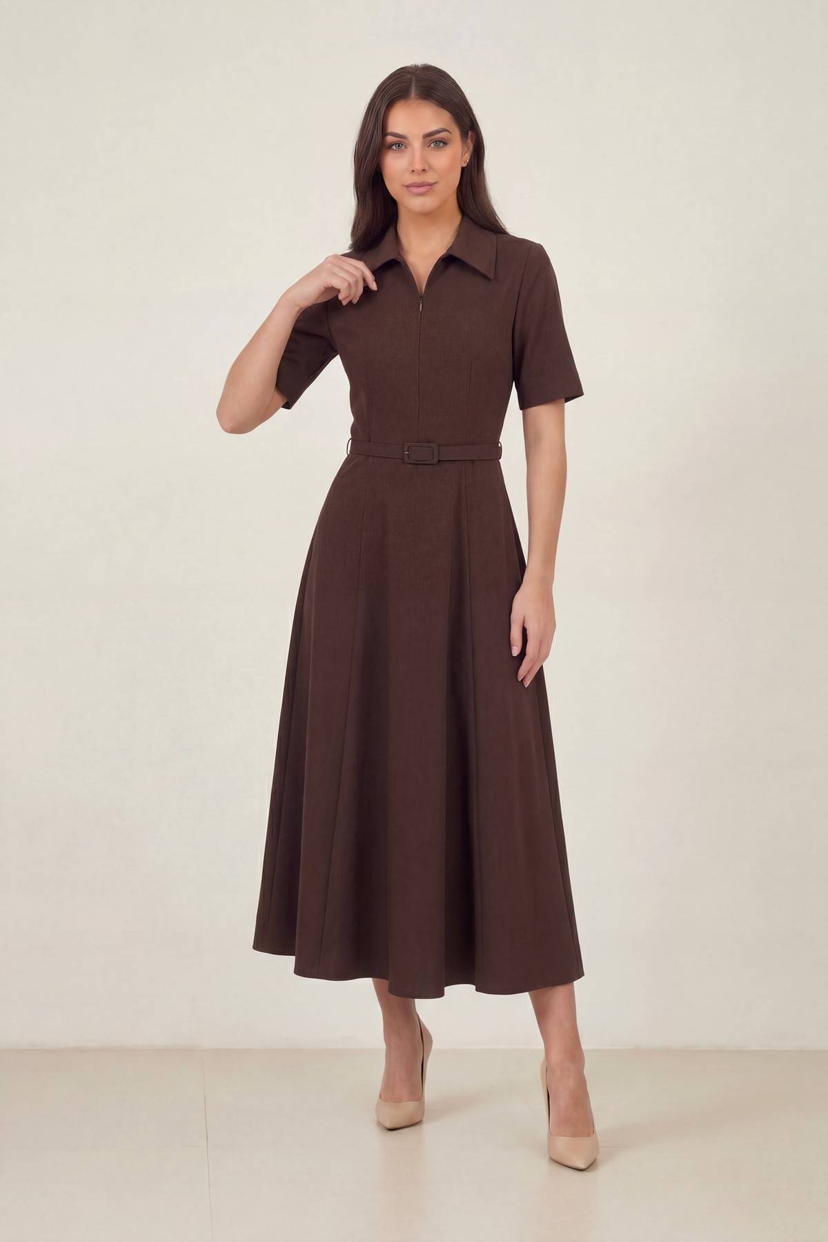 A kesim kemerli kahverengi yarım kol cep detay günlük elbise 