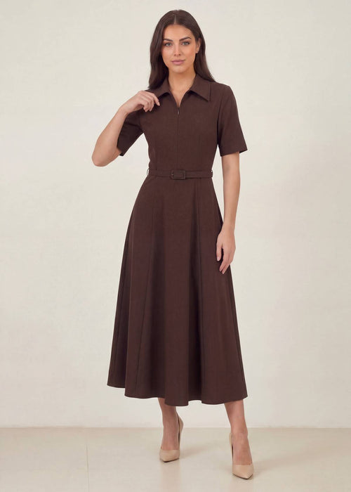 Kahverengi Fermuarlı Gömlek Yaka Midi Elbise – Kemerli Cepli
