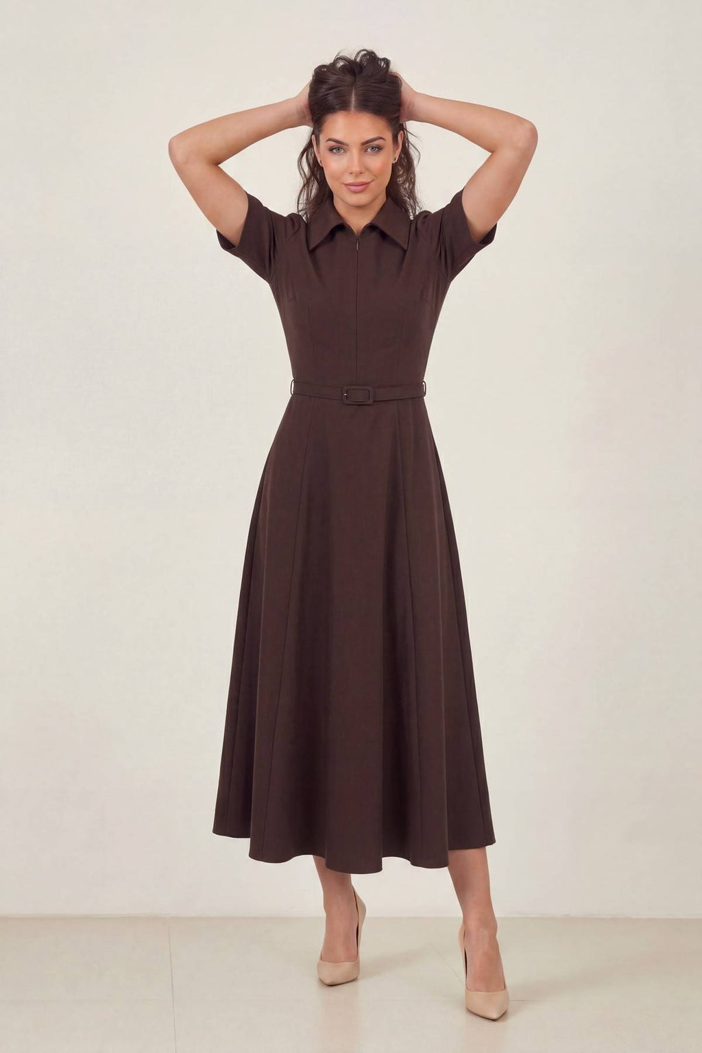 Midi boy kahverengi cepli gömlek detay kemerli ofis elbise