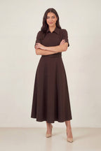 Kadın fermuar detay cepli midi boy yaka detay ofis elbise 