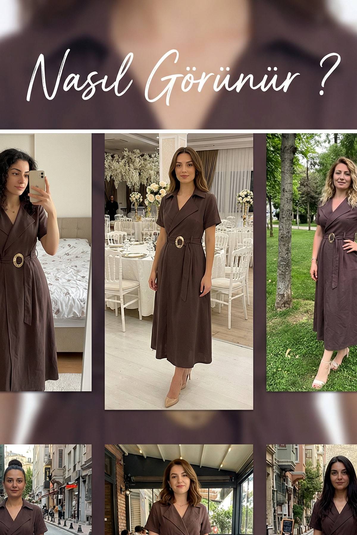 Kruvaze yaka gold detay kahverengi kuşaklı midi elbise denemeleri