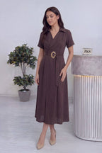 Kruvaze yaka midi boy kuşak detaylı kahverengi kadın elbise