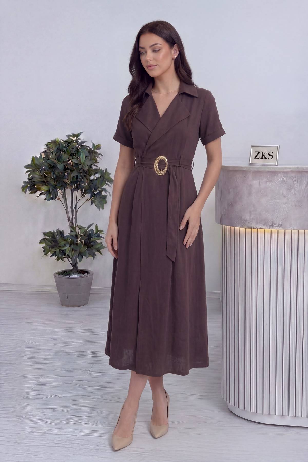 Kruvaze yaka midi boy kuşak detaylı kahverengi kadın elbise