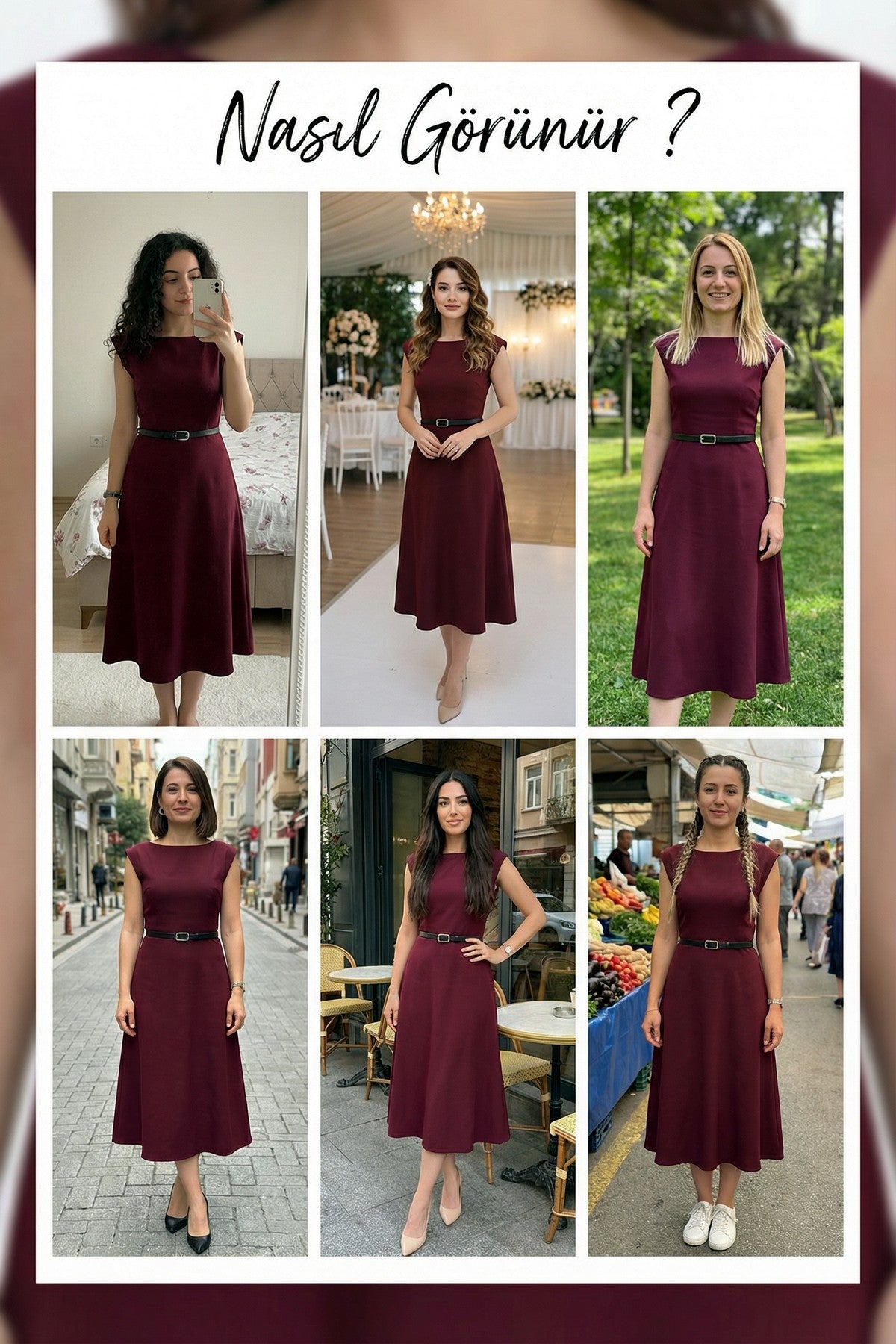 Bordo Kemer Detaylı Midi Boy Günlük Elbise denemeleri