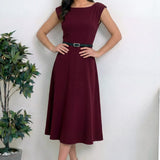 Bordo Kemer Detaylı Midi Boy Elbise