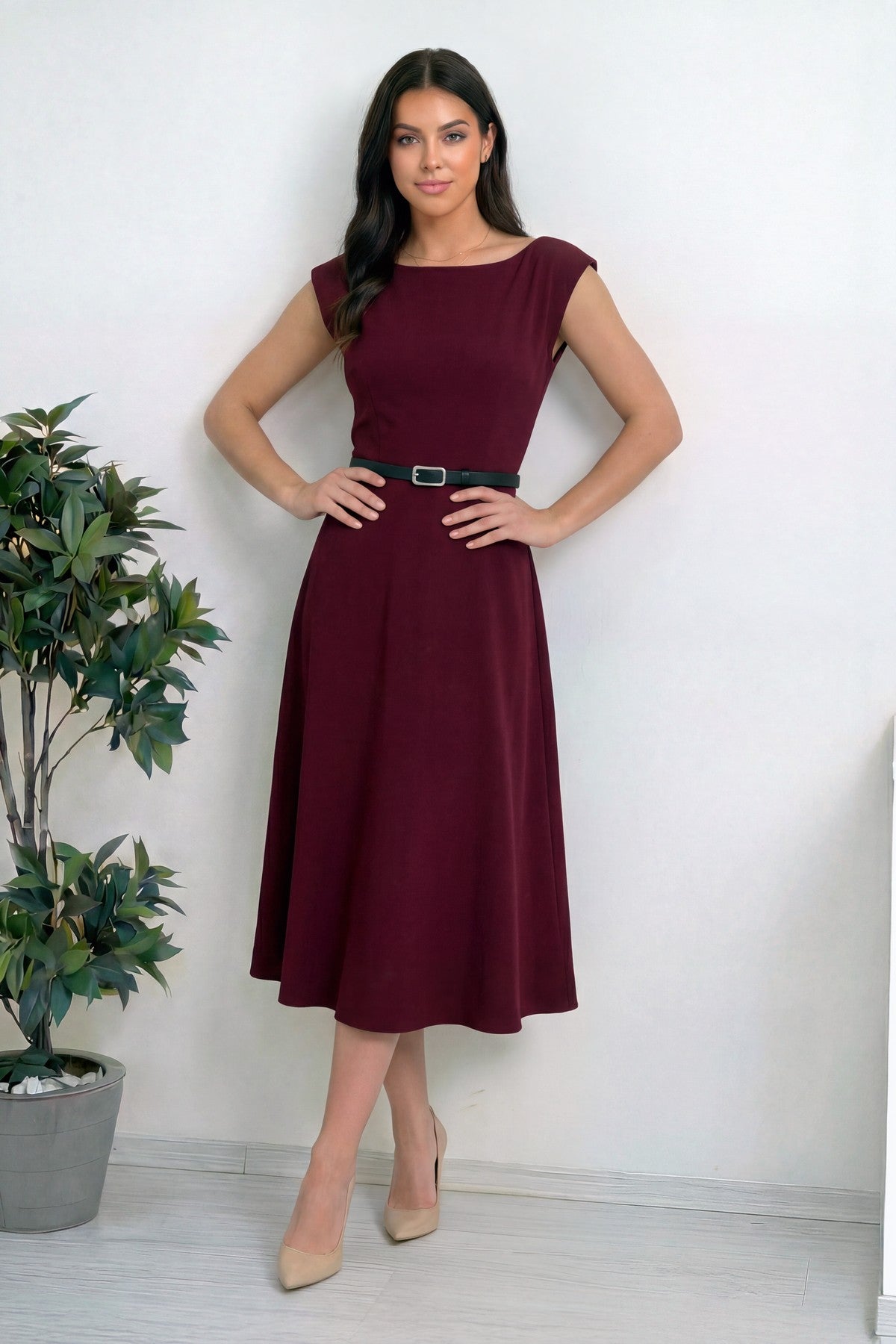 Boydan duruş midi boy bordo kemer detay a kesim elbise 