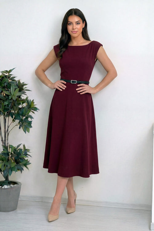 Boydan duruş midi boy bordo kemer detay a kesim elbise 