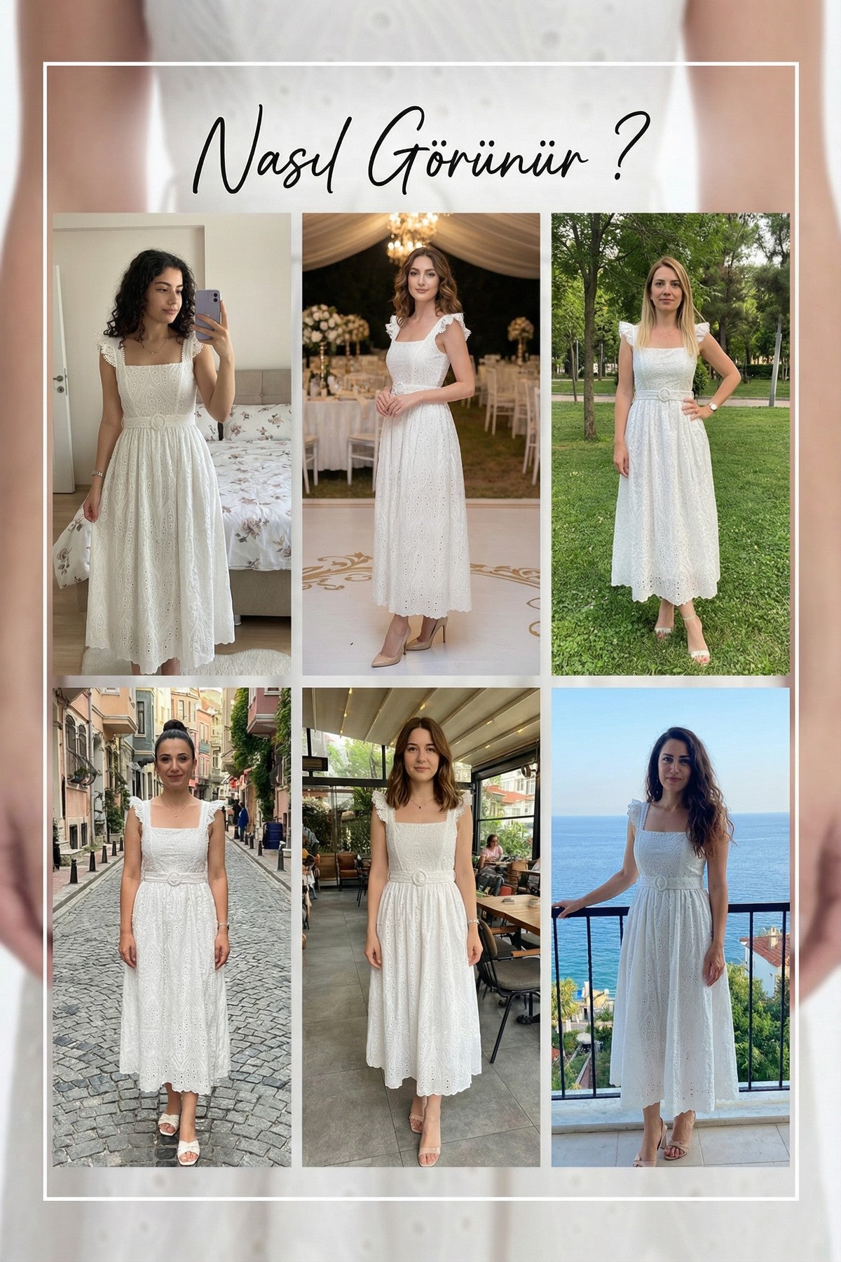 Beyaz Kemerli Midi Boy Elbise denemeleri