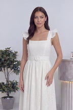 Yakın detay kemerli kare yaka kolsuz brode detaylı kadın yazlık elbise