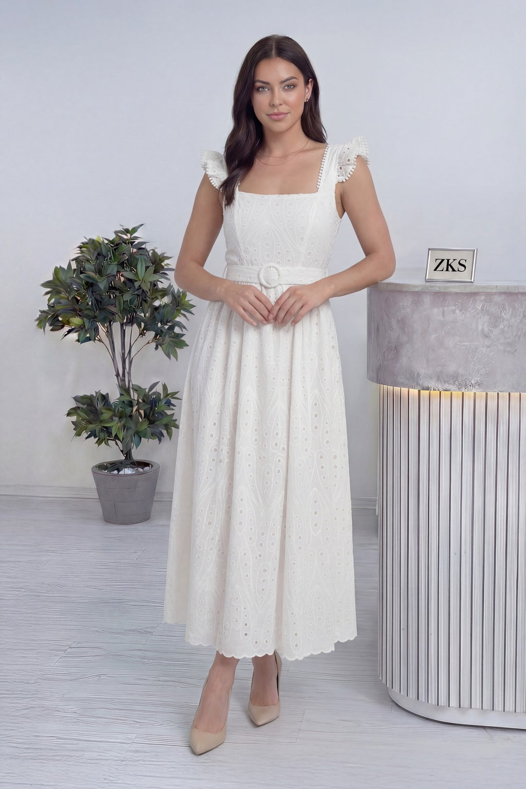 Midi boy bohem stil brode önden kemerli günlük giyim elbise kadın beyaz