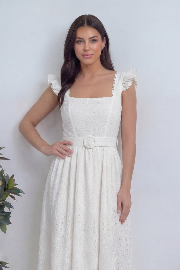 Kadın Beyaz Kemerli Midi Boy Elbise