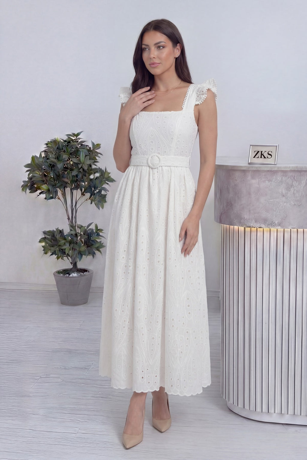 Nikah için beyaz bohem kadın midi brode elbise kadın kemerli