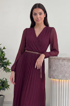 Bordo Kruvaze Yaka Piliseli Kemerli Midi Boy Elbise Uzun Kollu Şifon 