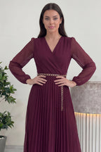 Bordo Kruvaze Yaka Piliseli Kemerli Midi Boy Elbise Elleri Belinde 