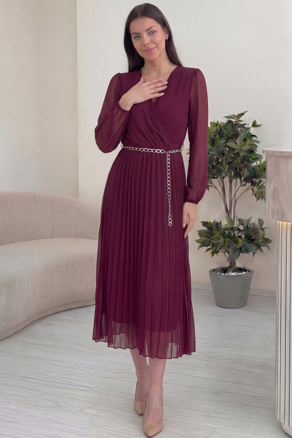 Bordo Kruvaze Yaka Piliseli Kemerli Midi Boy Elbise Ön Davet Şıklığı 