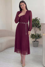 Bordo Kruvaze Yaka Piliseli Kemerli Midi Boy Elbise Ön Davet Şıklığı 