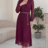 Bordo Kruvaze Yaka Piliseli Kemerli Midi Boy Elbise