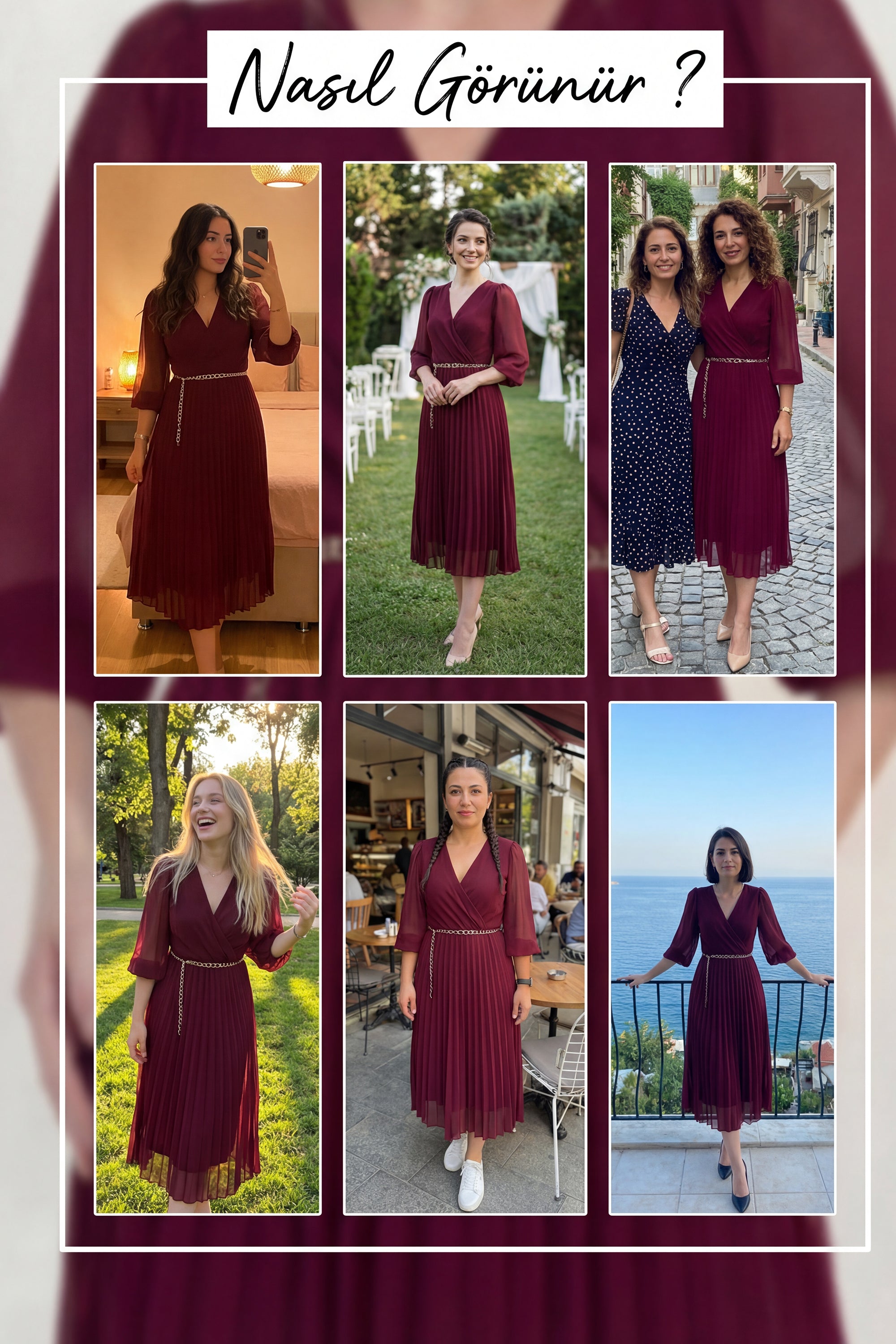 Bordo Kruvaze Yaka Piliseli Kemerli Midi Boy Elbise Deneyim 
