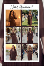 Kahverengi Kruvaze Yaka Piliseli Kemerli Midi Boy Elbise Deneyim 