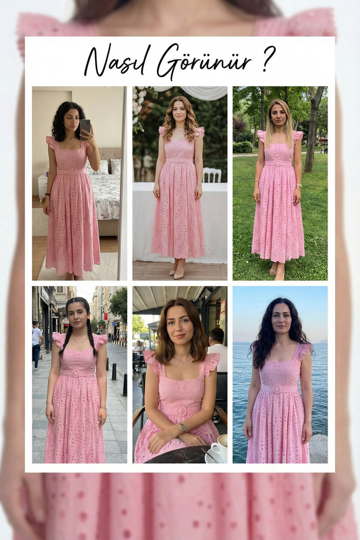 Kadın Pembe Kemerli Midi Boy Elbise