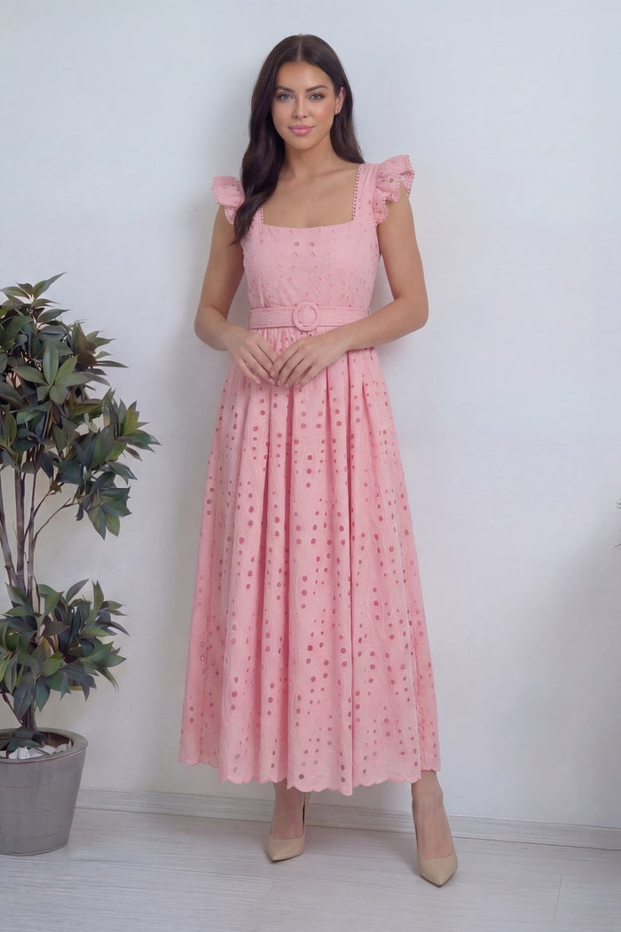 Kadın Pembe Kemerli Midi Boy Elbise