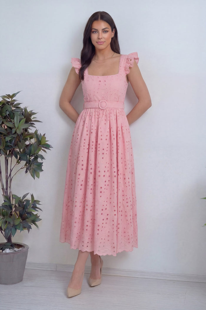 Kadın Pembe Kemerli Midi Boy Elbise