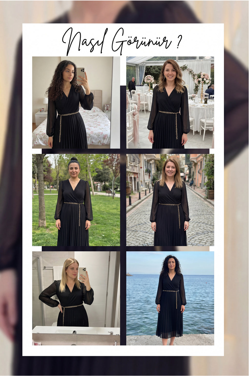 Siyah Kruvaze Yaka Piliseli Kemerli Midi Boy Elbise Deneyim