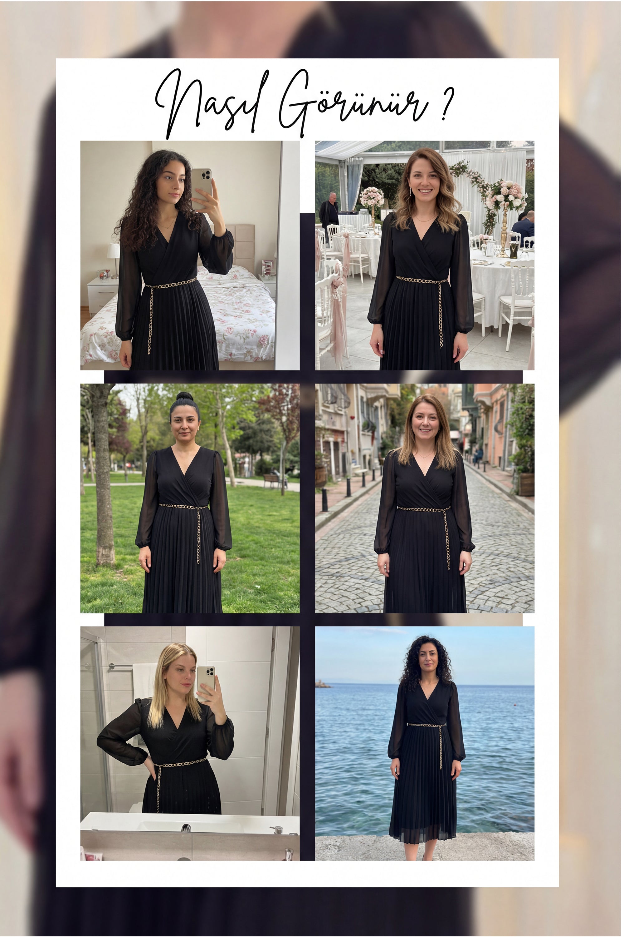 Siyah Kruvaze Yaka Piliseli Kemerli Midi Boy Elbise Deneyim