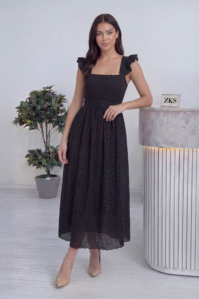 Kadın Siyah Kemerli Midi Boy Elbise