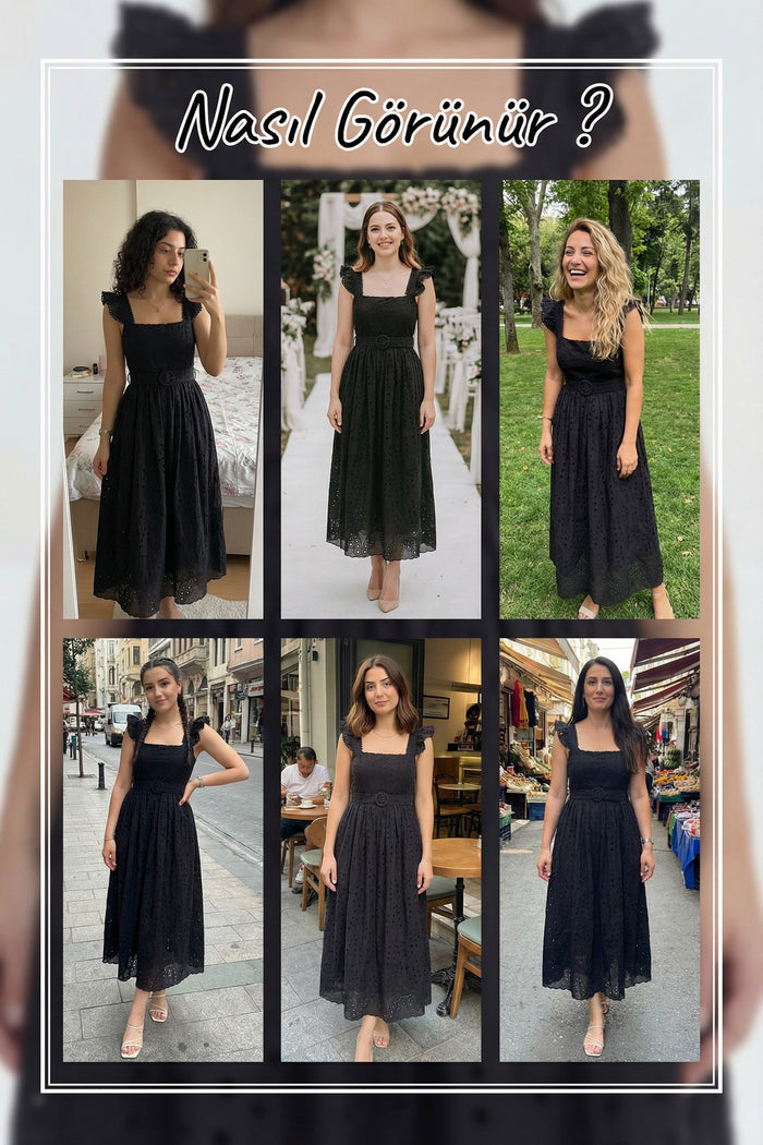 Kadın Siyah Kemerli Midi Boy Elbise