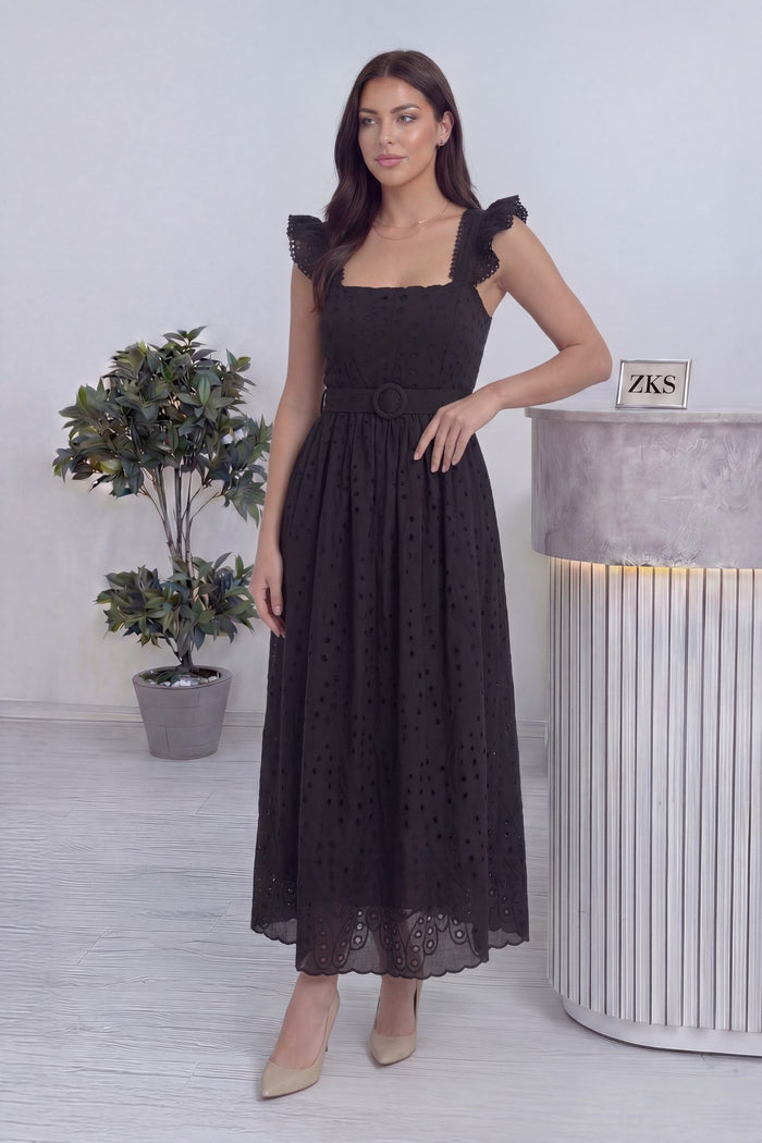 Kadın Siyah Kemerli Midi Boy Elbise