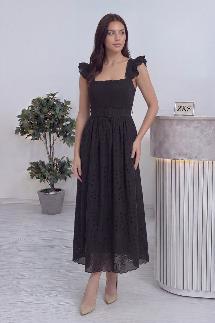 Kadın Siyah Kemerli Midi Boy Elbise