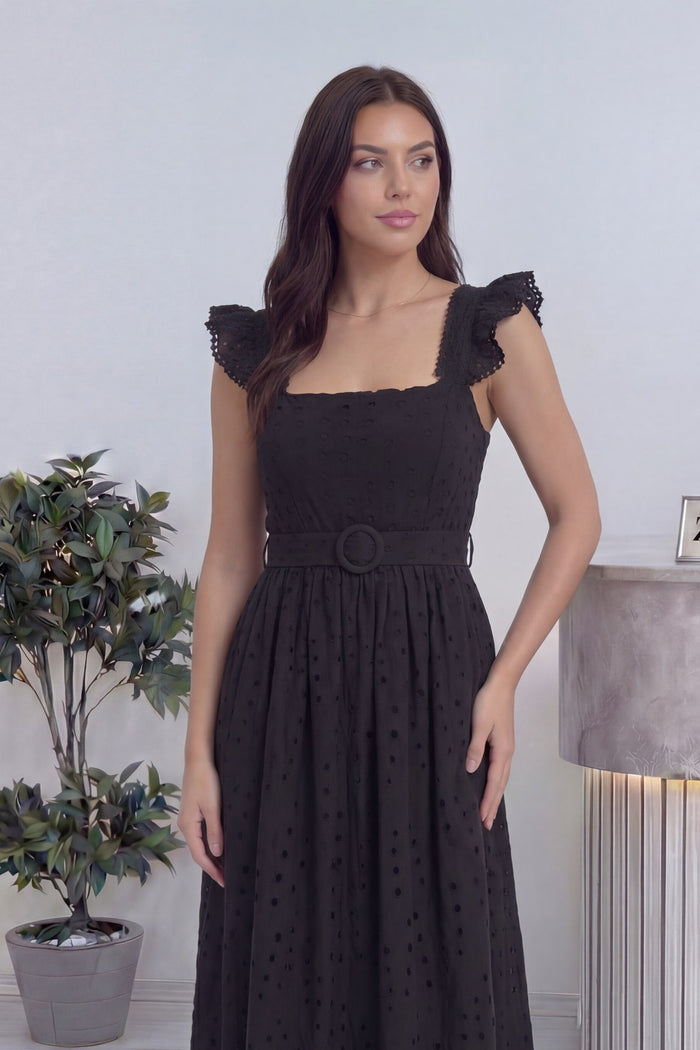 Kadın Siyah Kemerli Midi Boy Elbise