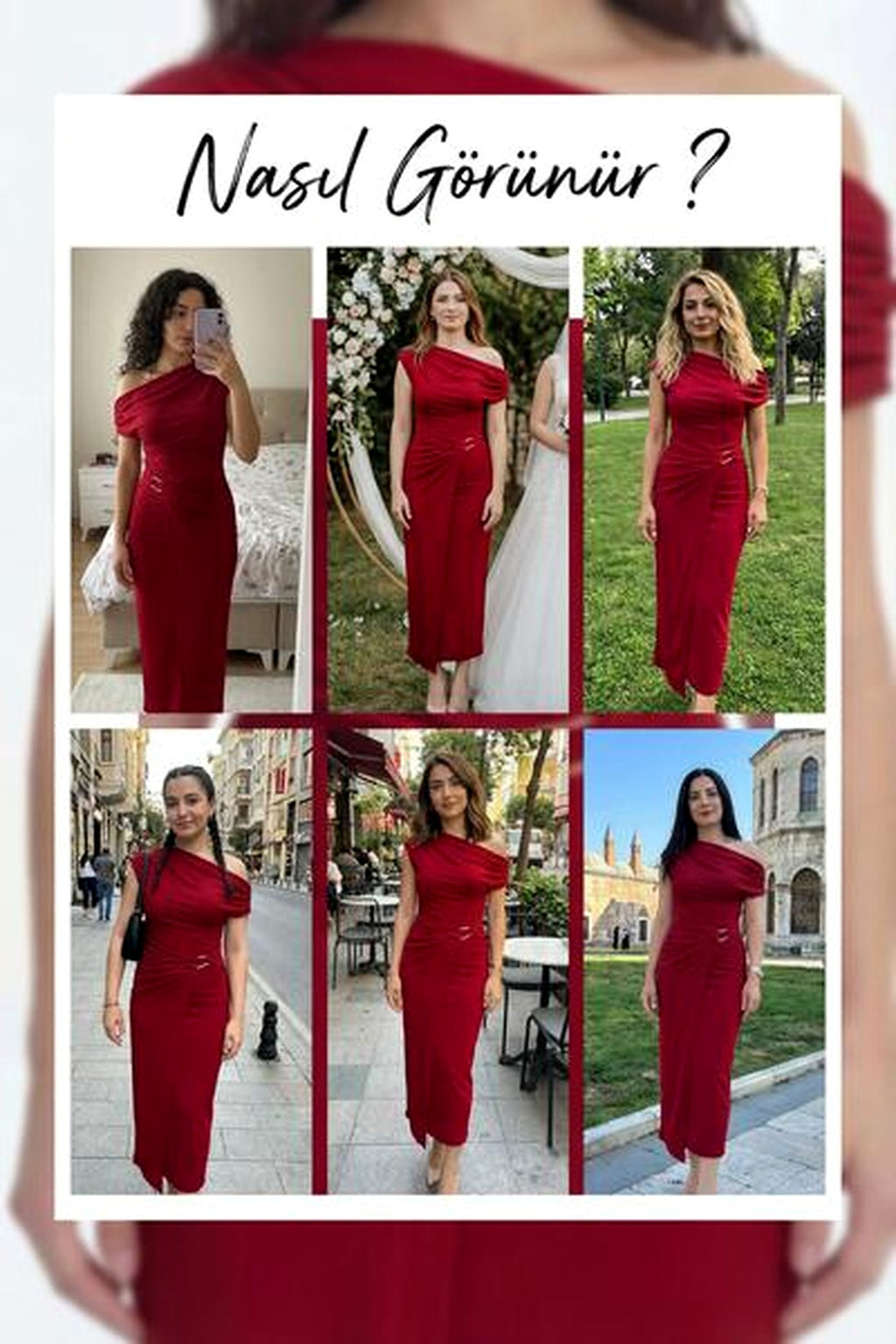 Asimetrik yaka bodycon kırmızı midi boy elbise denemeleri