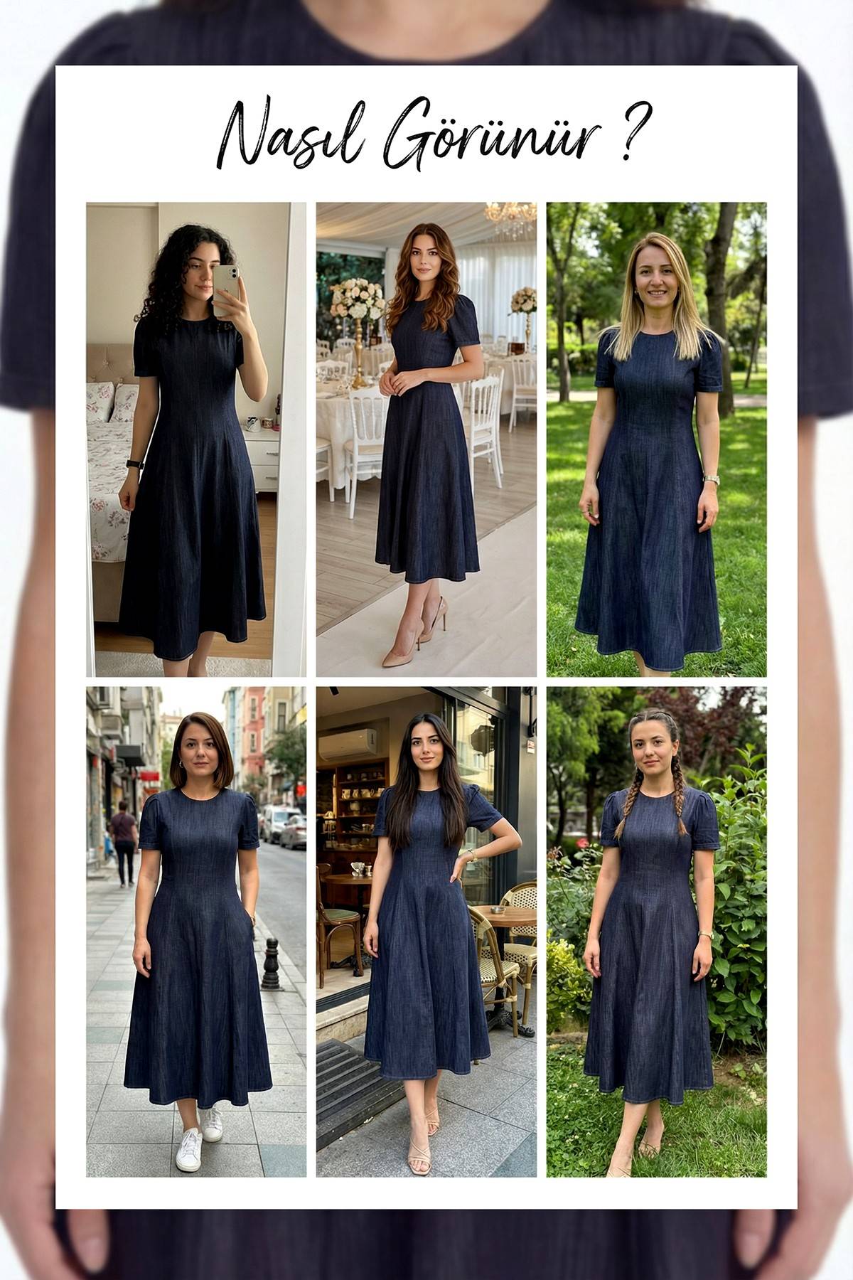 Koyu lacivert denim kumaş kısa kollu kloş günlük elbise denemeleri