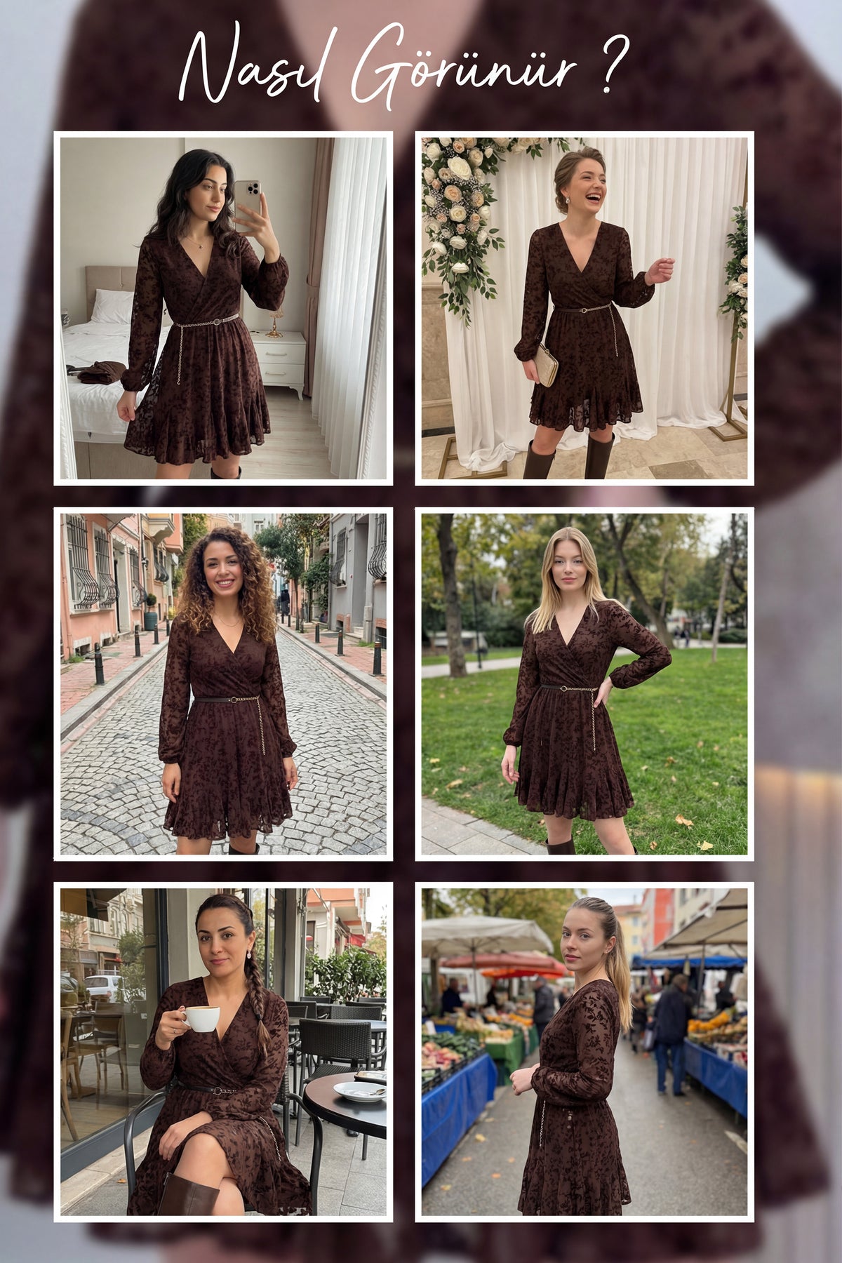 Kahverengi kemerli kruvaze yaka desenli elbise denemeleri