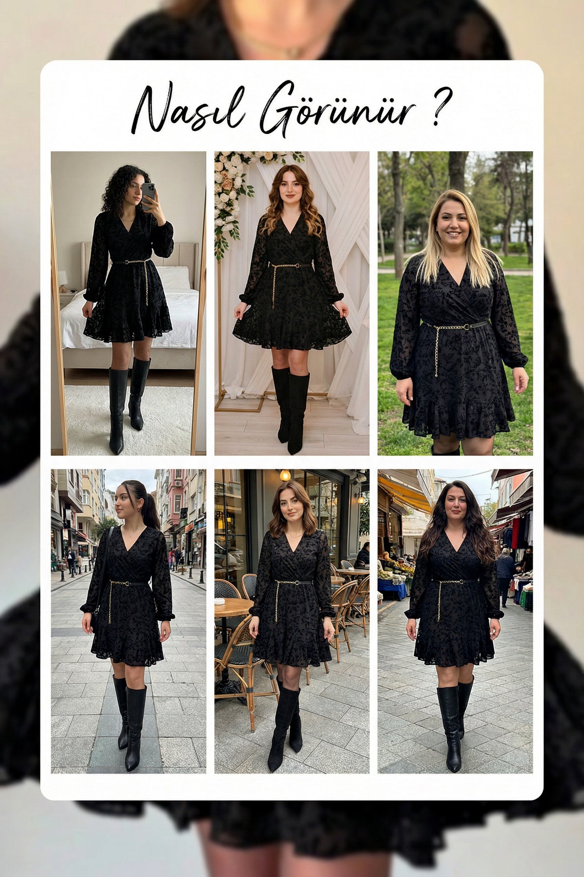 Siyah kemerli kruvaze yaka desenli elbise denemeleri