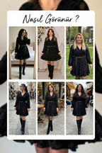 Siyah kemerli kruvaze yaka desenli elbise denemeleri