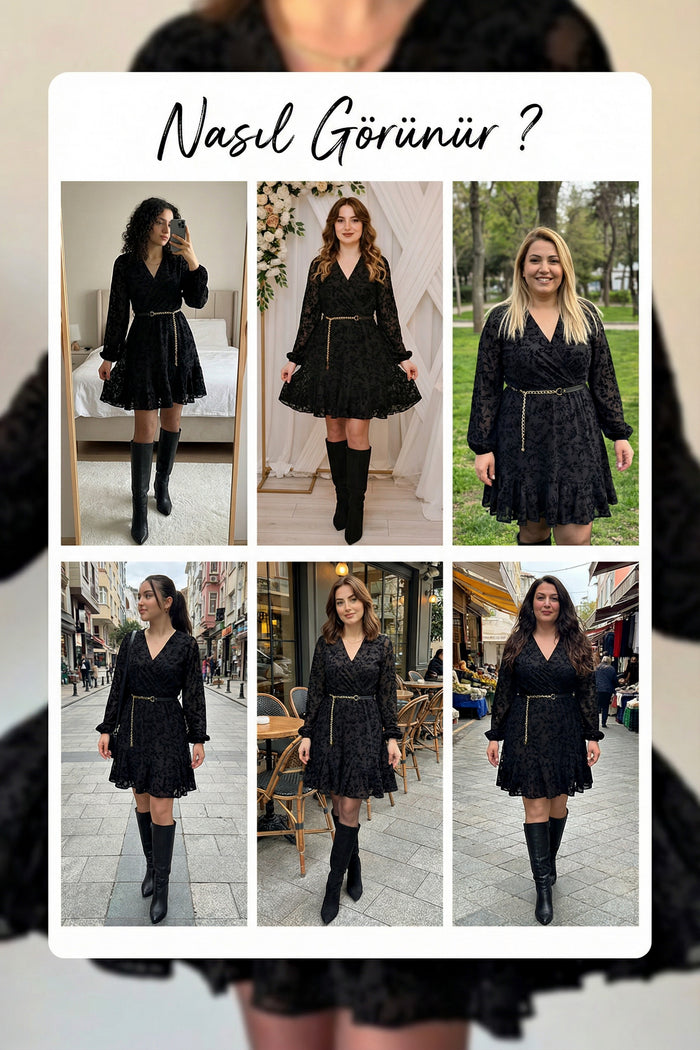 Siyah kemerli kruvaze yaka desenli elbise denemeleri