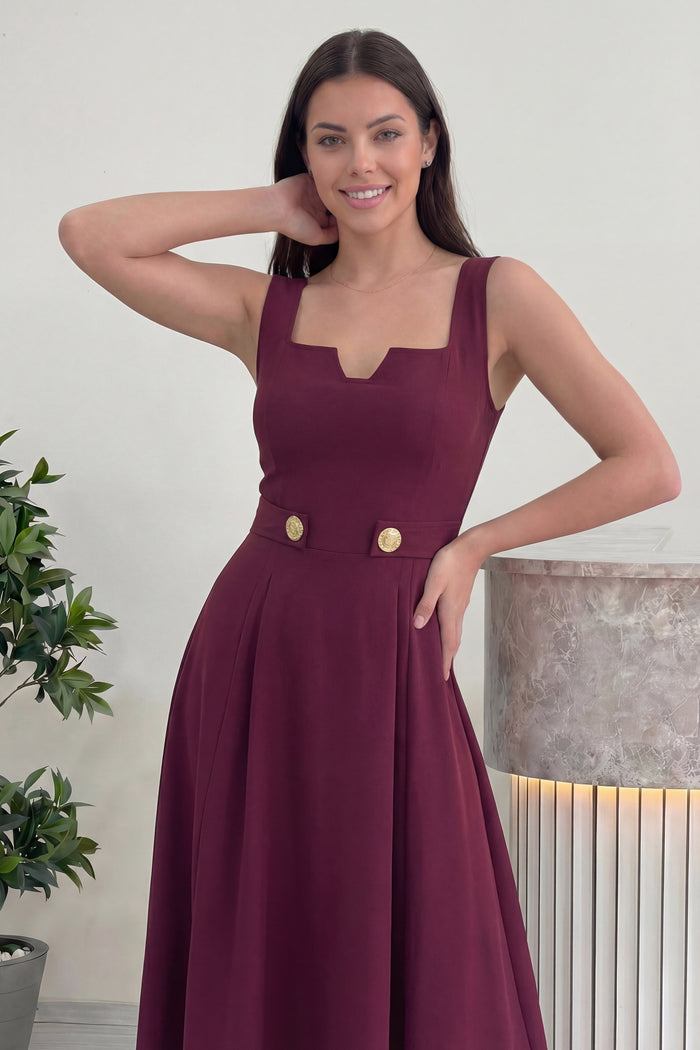 Kadın Bordo Kare Yaka Düğme Detaylı Midi Boy Elbise