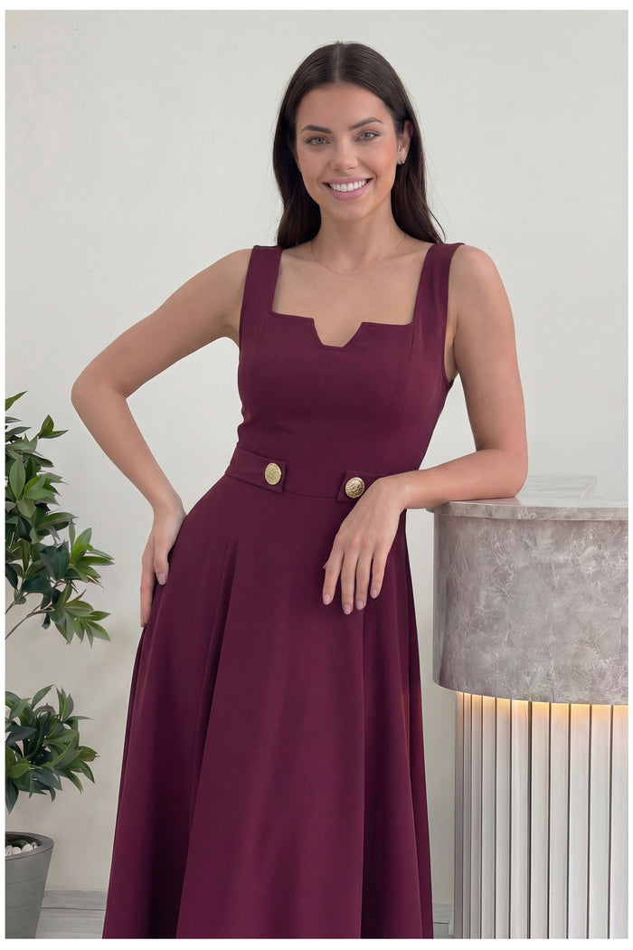 Kadın Bordo Kare Yaka Düğme Detaylı Midi Boy Elbise